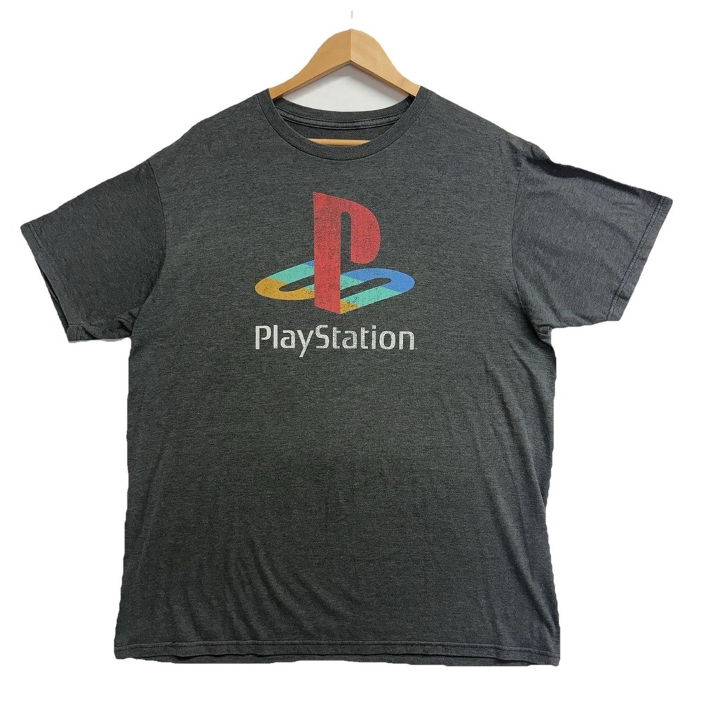PlayStation Retro Logo T-Shirt Men's Large Gray‎ Distressed Graphic Tee